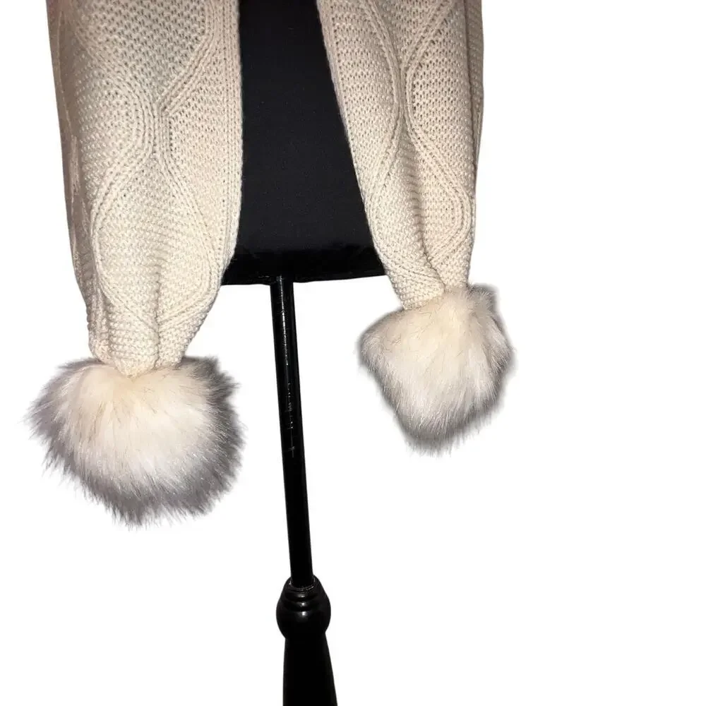 Womens Waffle Knit‎ Faux Fur Pom-Pom Y2K Cream Soft Cozy Winter Shawl/Scarf